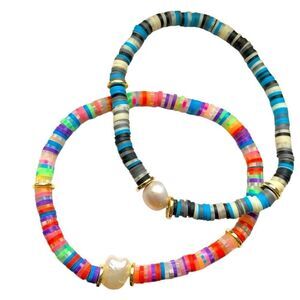 2 Rainbow Candy Heishi Bead Bracelets with Real Baroque Pearl